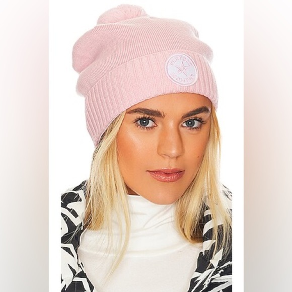 PERFECT MOMENT Patch Beanie Pure Pink NWT 100% Extrafine Merino Wool Pom Pom Hat - Picture 3 of 16